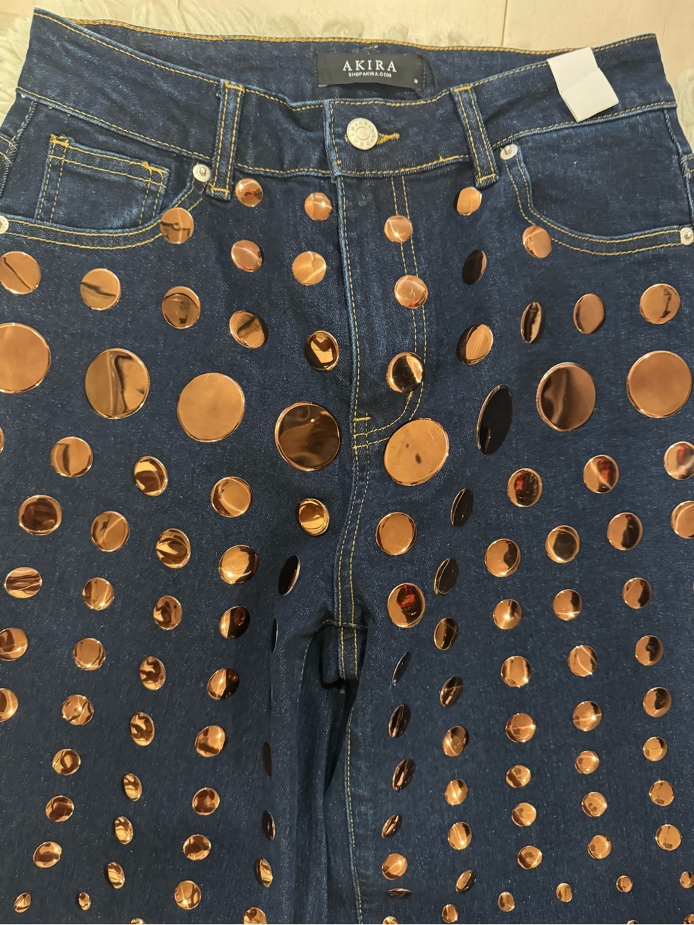 AKIRA Dark Blue High-Rise Denim Jeans with Copper Mirror Dots